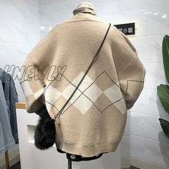 Hnewly Sweter Casacos Femininos Inverno Argyle Cardigan Sweater Women Winter Clothes V - Neck