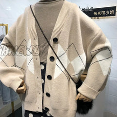 Hnewly Sweter Casacos Femininos Inverno Argyle Cardigan Sweater Women Winter Clothes V - Neck