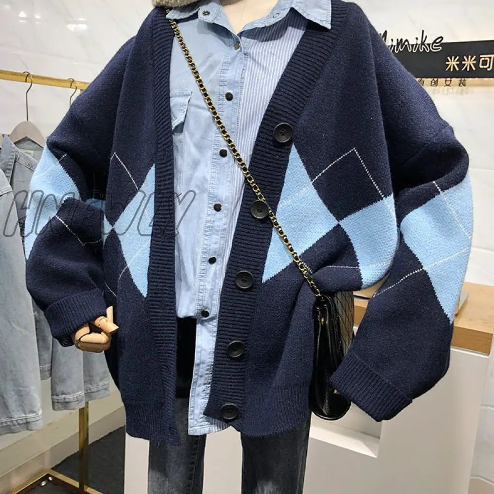 Hnewly Sweter Casacos Femininos Inverno Argyle Cardigan Sweater Women Winter Clothes V - Neck