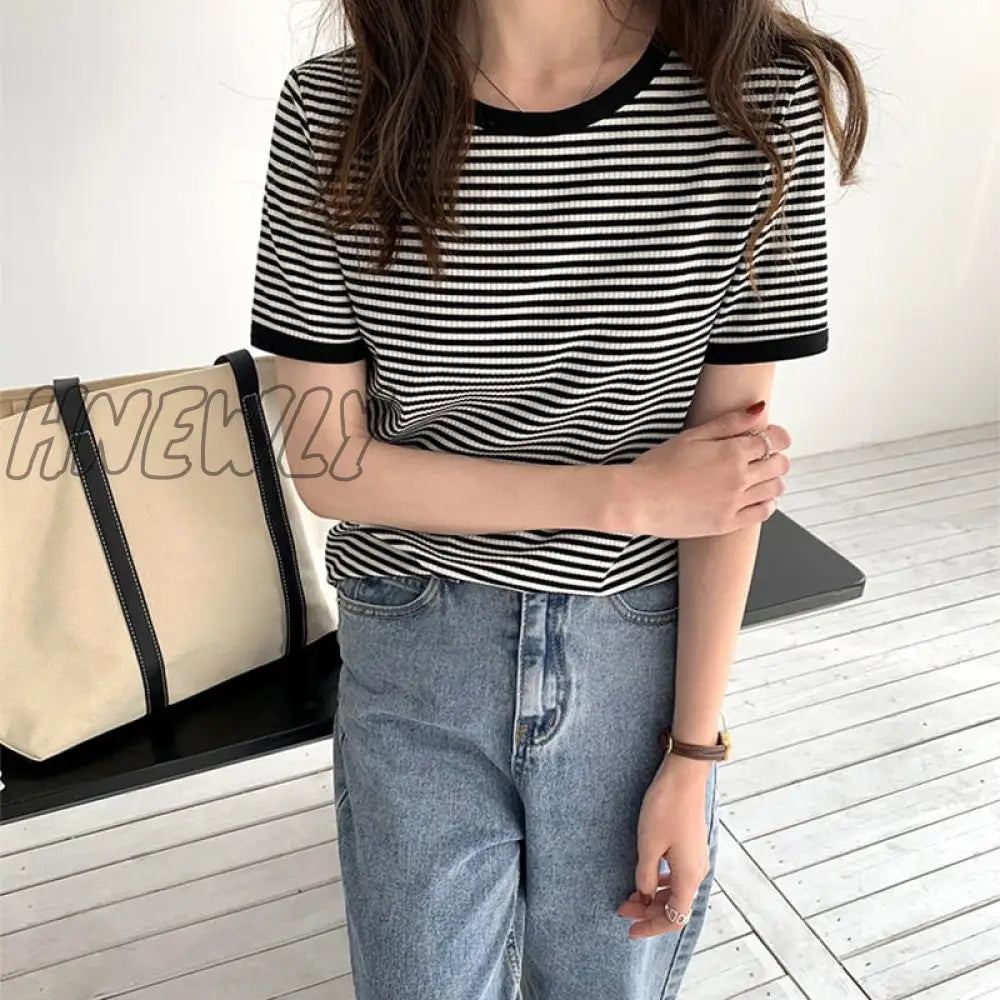 Hnewly T Shirt Women Korean Summer Vintage Patchwork Striped Soft Knit Simple Top Slim Thin Casual