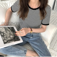 Hnewly T Shirt Women Korean Summer Vintage Patchwork Striped Soft Knit Simple Top Slim Thin Casual