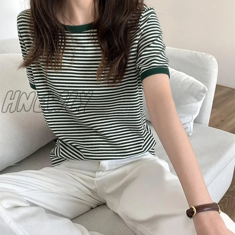 Hnewly T Shirt Women Korean Summer Vintage Patchwork Striped Soft Knit Simple Top Slim Thin Casual