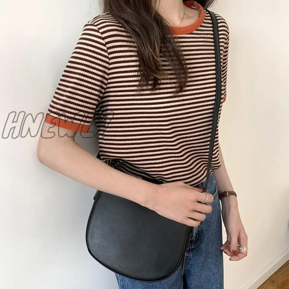 Hnewly T Shirt Women Korean Summer Vintage Patchwork Striped Soft Knit Simple Top Slim Thin Casual