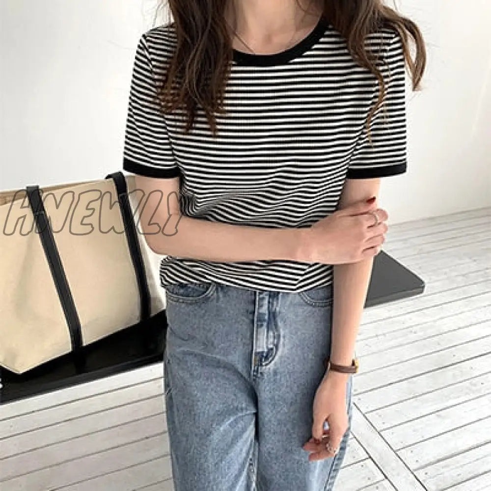 Hnewly T Shirt Women Korean Summer Vintage Patchwork Striped Soft Knit Simple Top Slim Thin Casual