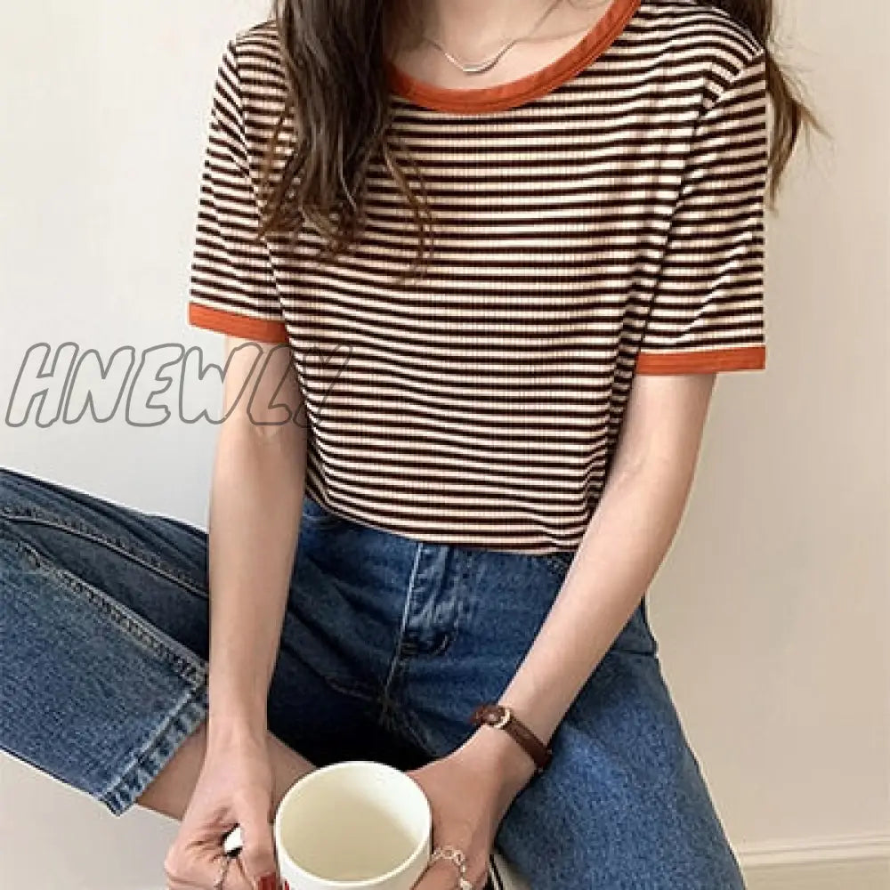 Hnewly T Shirt Women Korean Summer Vintage Patchwork Striped Soft Knit Simple Top Slim Thin Casual