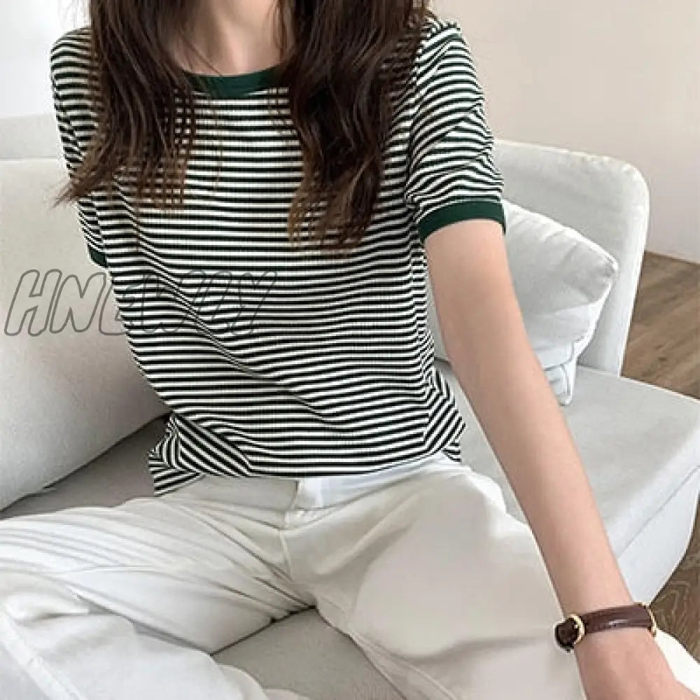 Hnewly T Shirt Women Korean Summer Vintage Patchwork Striped Soft Knit Simple Top Slim Thin Casual