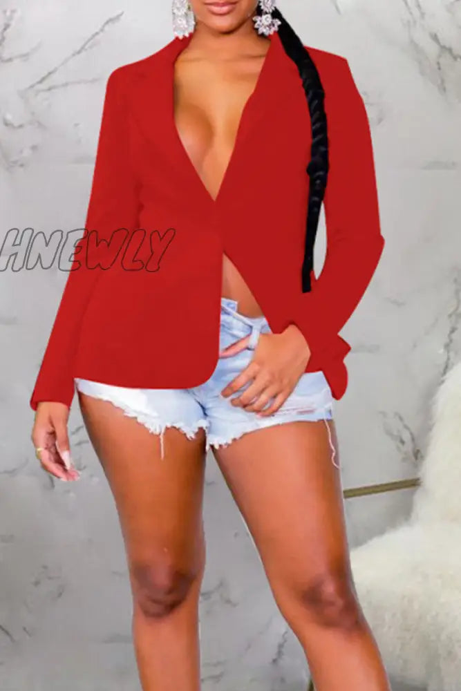 Hnewly - Tangerine Red Street Solid Bandage Patchwork Buttons Turn-Back Collar Outerwear Coats Suits