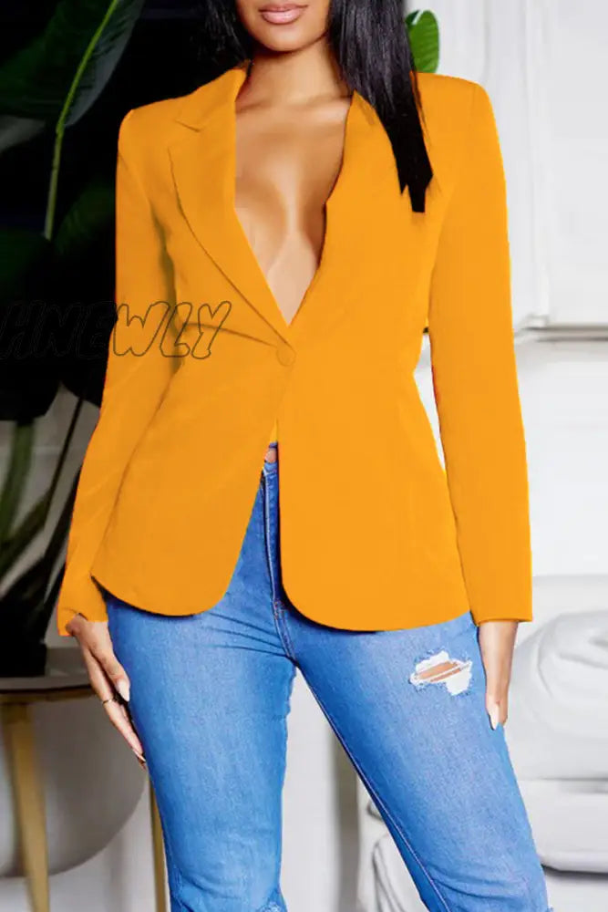 Hnewly - Tangerine Red Street Solid Bandage Patchwork Buttons Turn-Back Collar Outerwear / S Coats