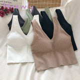 Hnewly Tank Tops Sexy Crop Vest Solid Harajuku Korean Female Off Shoulder Knitted V Neck Khaki