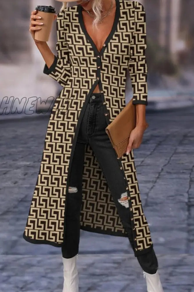 Hnewly - Tawny Casual Print Solid Patchwork V Neck Outerwear Coats