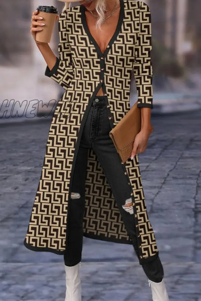 Hnewly - Tawny Casual Print Solid Patchwork V Neck Outerwear / S Coats