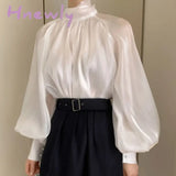 Hnewly Temperament Ladies Lantern Sleeve Blouse Woman Fashion Elegant Bow Tie Stand Neck Shirt for Women Solid Color Blusas