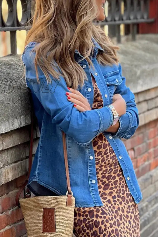 Hnewly - The Cowboy Blue Street Solid Pocket Turndown Collar Long Sleeve Loose Denim Jacket Coats
