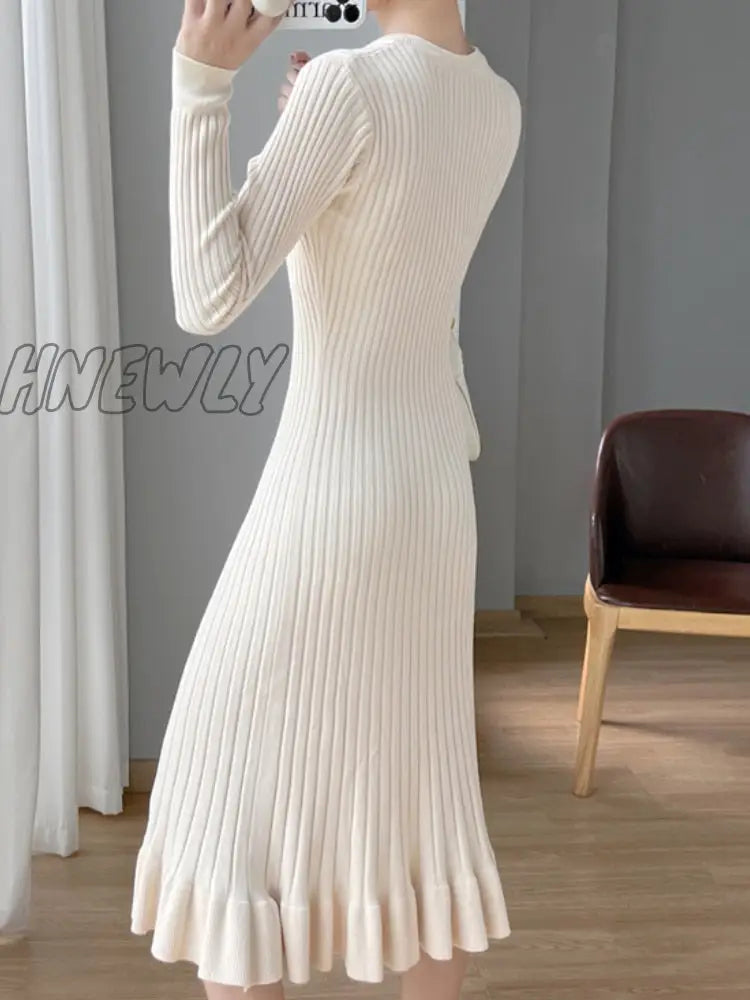 Hnewly Thick Mermaid O-Neck Long Sweater Maxi Dress For Women Elegant Casuals Female A-Line Slim