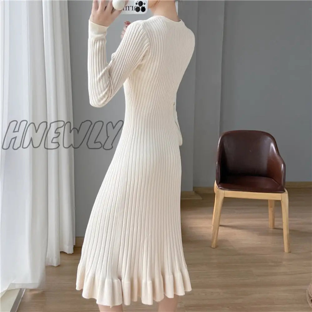 Hnewly Thick Mermaid O-Neck Long Sweater Maxi Dress For Women Elegant Casuals Female A-Line Slim