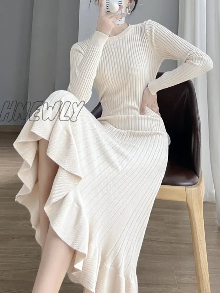 Hnewly Thick Mermaid O-Neck Long Sweater Maxi Dress For Women Elegant Casuals Female A-Line Slim