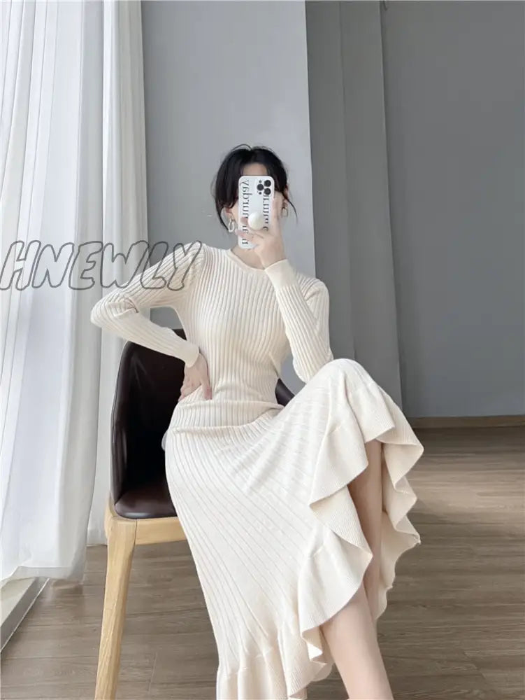 Hnewly Thick Mermaid O-Neck Long Sweater Maxi Dress For Women Elegant Casuals Female A-Line Slim