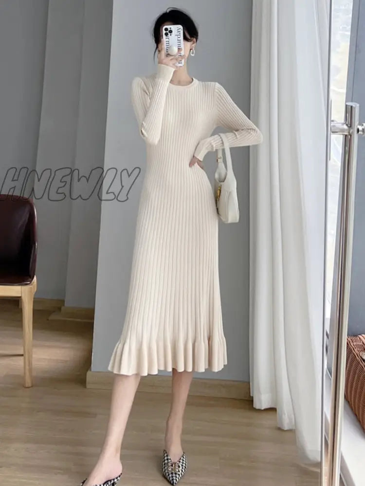 Hnewly Thick Mermaid O-Neck Long Sweater Maxi Dress For Women Elegant Casuals Female A-Line Slim