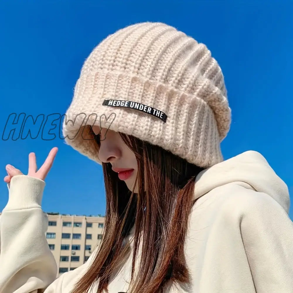 Hnewly Thick Oversized Beanie Label Patch Solid Color Knit Hats Simple Casual Coldproof Beanies