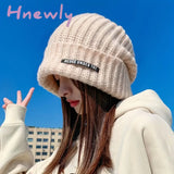 Hnewly Thick Oversized Beanie Label Patch Solid Color Knit Hats Simple Casual Coldproof Beanies Cuffed Skull Cap For Women