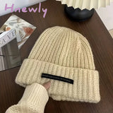 Hnewly Thick Oversized Beanie Label Patch Solid Color Knit Hats Simple Casual Coldproof Beanies