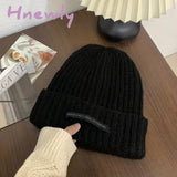 Hnewly Thick Oversized Beanie Label Patch Solid Color Knit Hats Simple Casual Coldproof Beanies