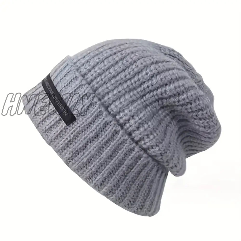 Hnewly Thick Oversized Beanie Label Patch Solid Color Knit Hats Simple Casual Coldproof Beanies