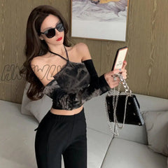 Hnewly Tie-Dye Long-Sleeved T-Shirt Women Slimming One-Word Neck Off Shoulder Halter Short Top