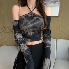 Hnewly Tie-Dye Long-Sleeved T-Shirt Women Slimming One-Word Neck Off Shoulder Halter Short Top