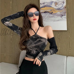 Hnewly Tie-Dye Long-Sleeved T-Shirt Women Slimming One-Word Neck Off Shoulder Halter Short Top