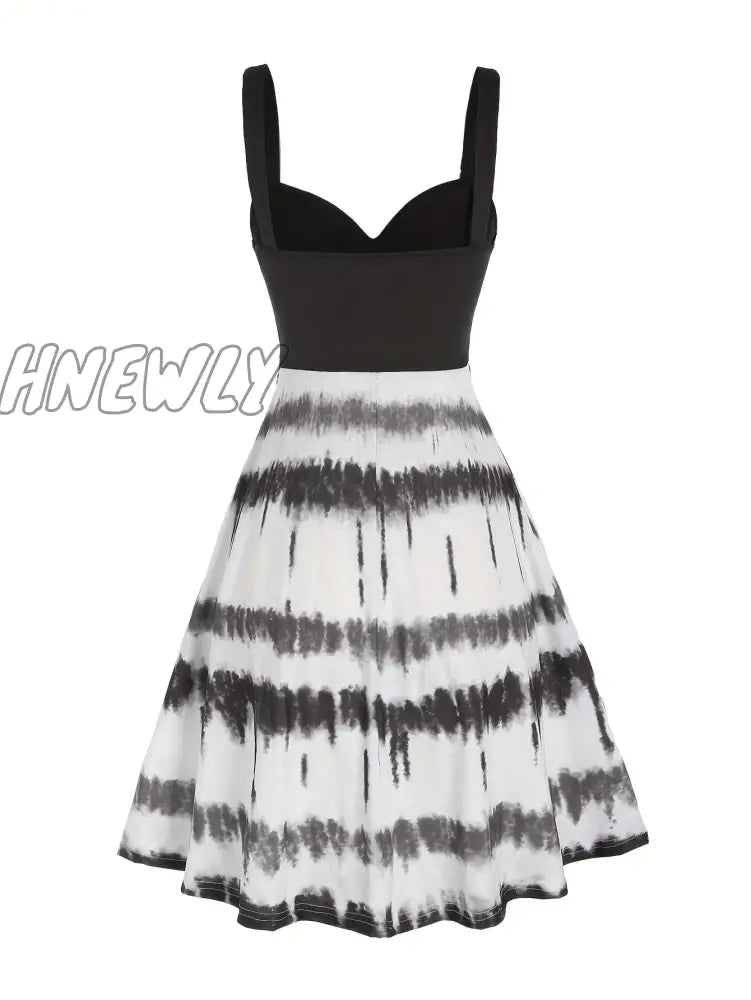 Hnewly Tie Dye Print Fake Button Dress Casual Sleeveless Backless For Summer Women’s Clothing