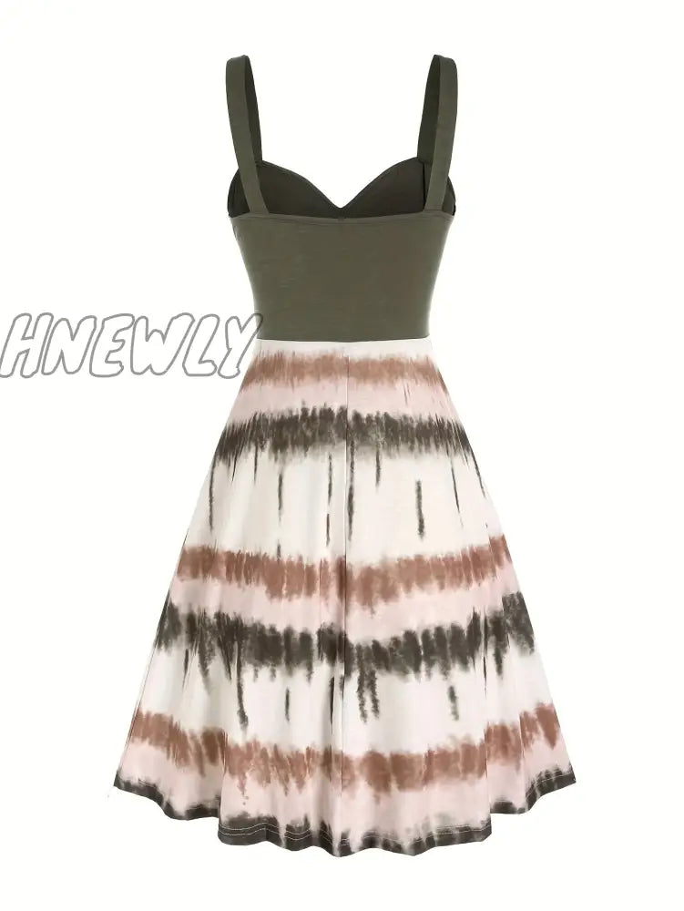 Hnewly Tie Dye Print Fake Button Dress Casual Sleeveless Backless For Summer Women’s Clothing