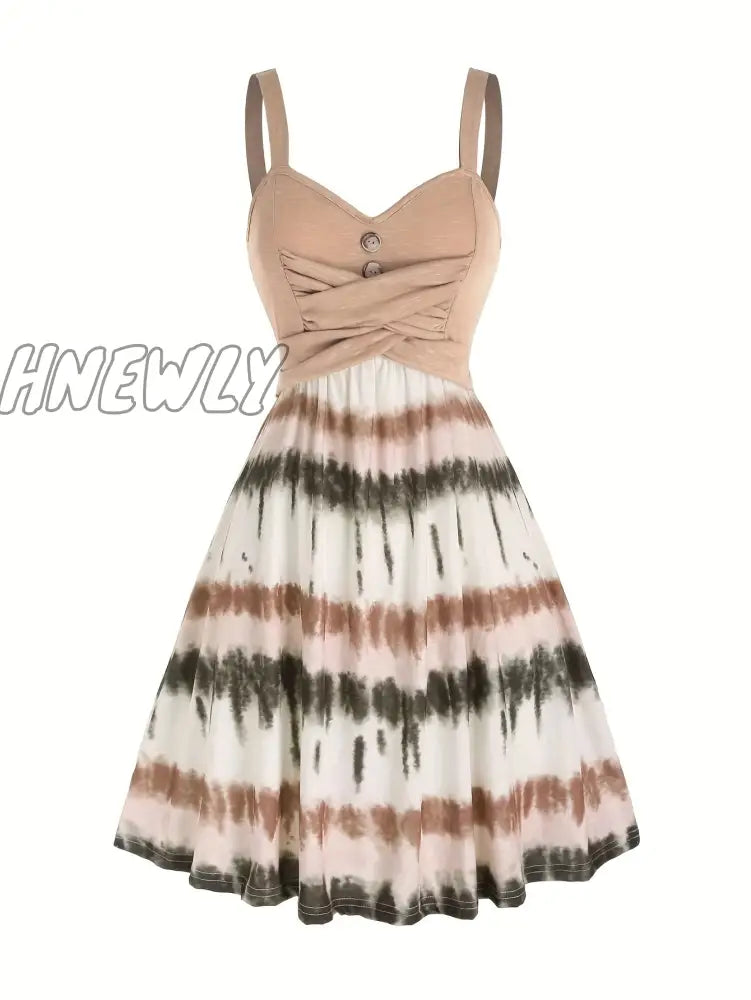 Hnewly Tie Dye Print Fake Button Dress Casual Sleeveless Backless For Summer Women’s Clothing