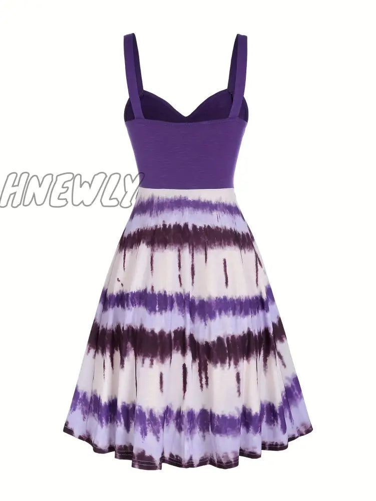 Hnewly Tie Dye Print Fake Button Dress Casual Sleeveless Backless For Summer Women’s Clothing