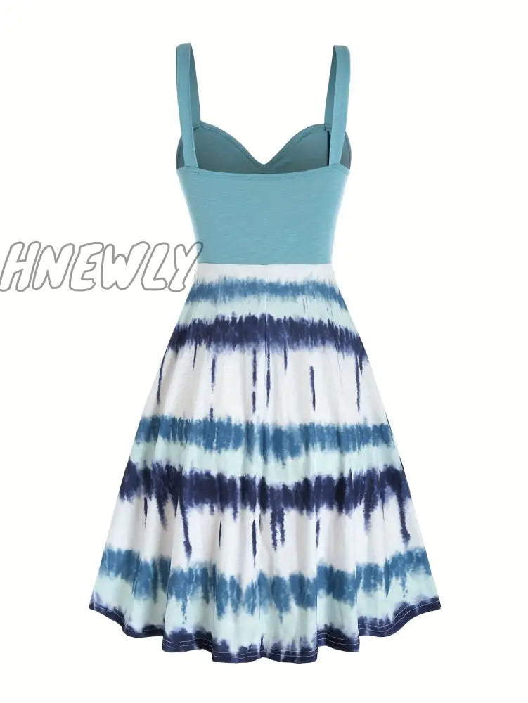 Hnewly Tie Dye Print Fake Button Dress Casual Sleeveless Backless For Summer Women’s Clothing
