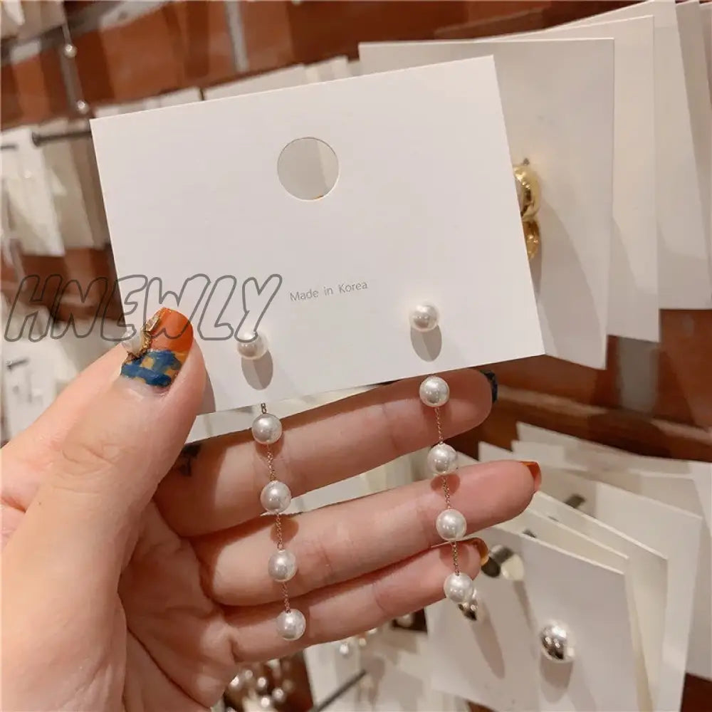Hnewly Trend Simulation Pearl Long Earring For Women Fashion Korean Crystal Rhinestone Chain Drop