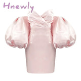 Hnewly Trendy Pink Mini Dress Sexy Off Shoulder Puff Sleeves Design Celebrity Party Club Satin