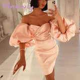 Hnewly Trendy Pink Mini Dress Sexy Off Shoulder Puff Sleeves Design Celebrity Party Club Satin Vestido Valentines Day Prom Dress
