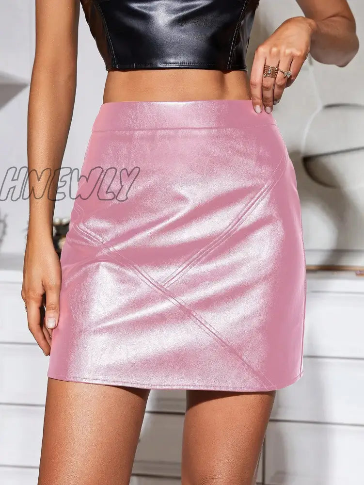 Hnewly Trendy Women Vintage High Waist Seam Detail Zipper Back Solid Pu Leather Straight Skirt