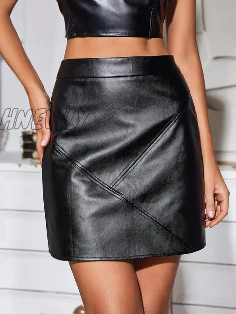 Hnewly Trendy Women Vintage High Waist Seam Detail Zipper Back Solid Pu Leather Straight Skirt