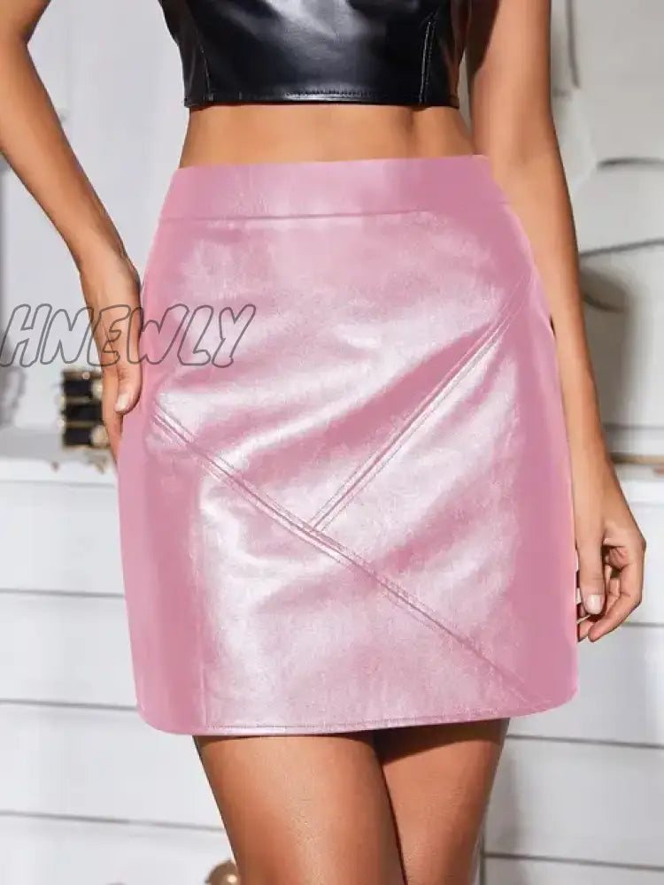 Hnewly Trendy Women Vintage High Waist Seam Detail Zipper Back Solid Pu Leather Straight Skirt