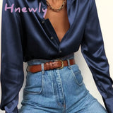 Hnewly Tunics Women’s Blouses Autumn Oversize Shirt Elegant Lapel Satin Shirts Long Sleeve