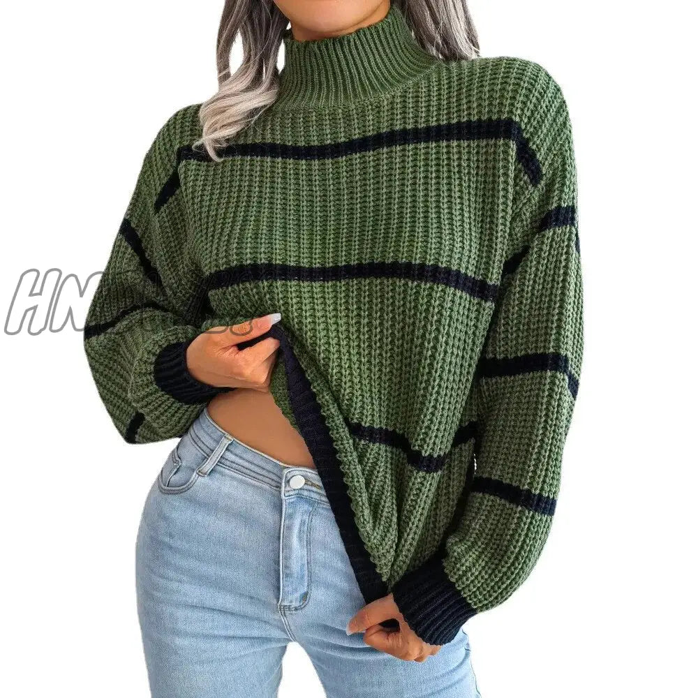 Hnewly Turtleneck Striped Print Long Lantern Sleeve Knitted Sweater Women Knitwear Pullovers