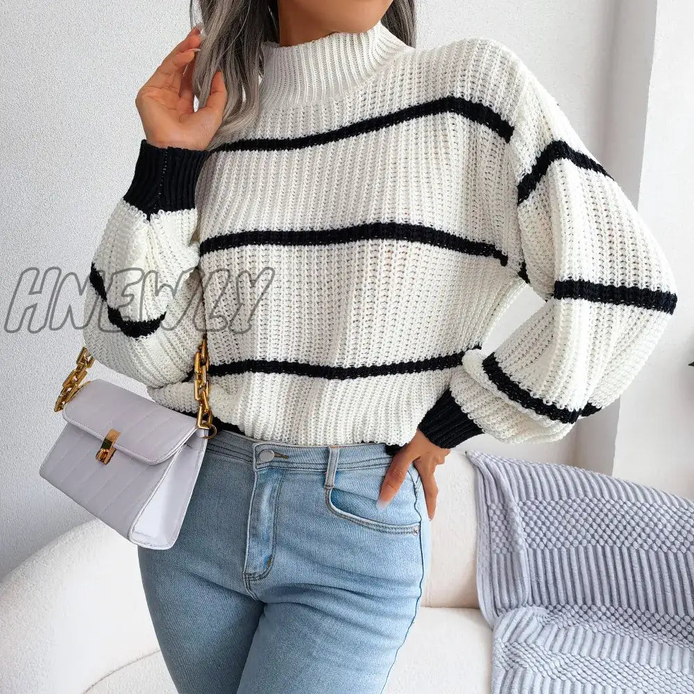 Hnewly Turtleneck Striped Print Long Lantern Sleeve Knitted Sweater Women Knitwear Pullovers