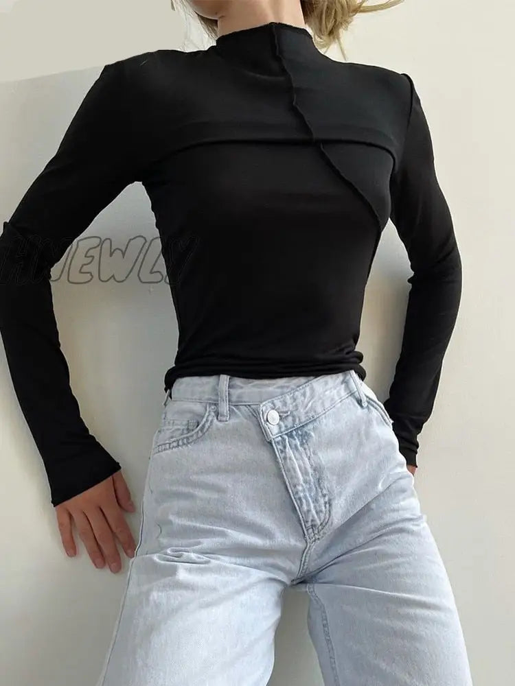 Hnewly Turtleneck Y2K Long Sleeve T Shirts Women White Autumn Winter Casual Black Basic Gray Sexy
