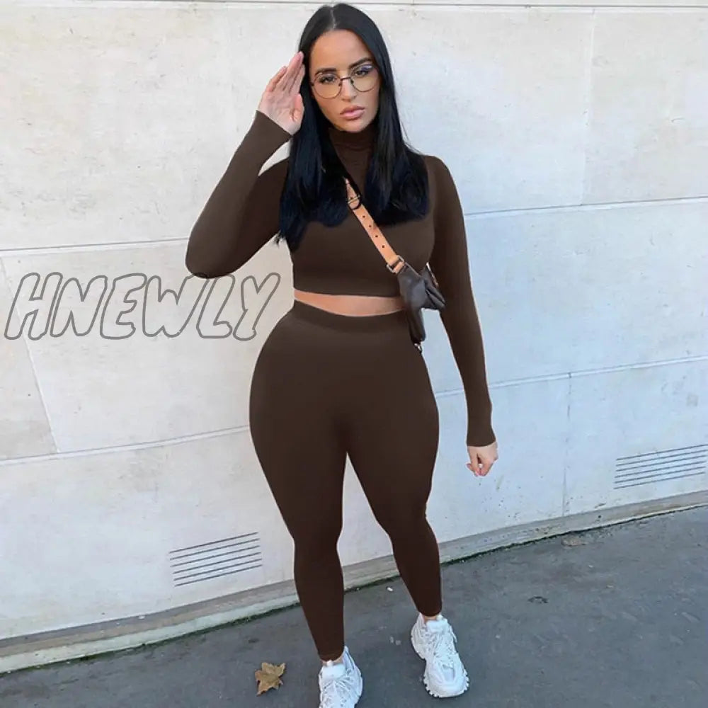 Hnewly Two Piece Sets Women Solid Autumn Tracksuits High Waist Stretchy Sportswear Hot Crop Tops