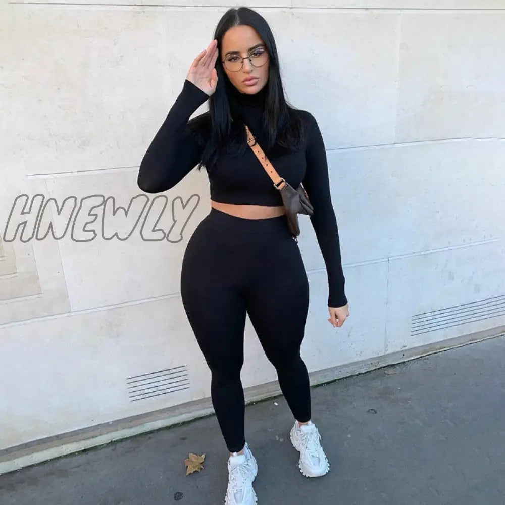 Hnewly Two Piece Sets Women Solid Autumn Tracksuits High Waist Stretchy Sportswear Hot Crop Tops