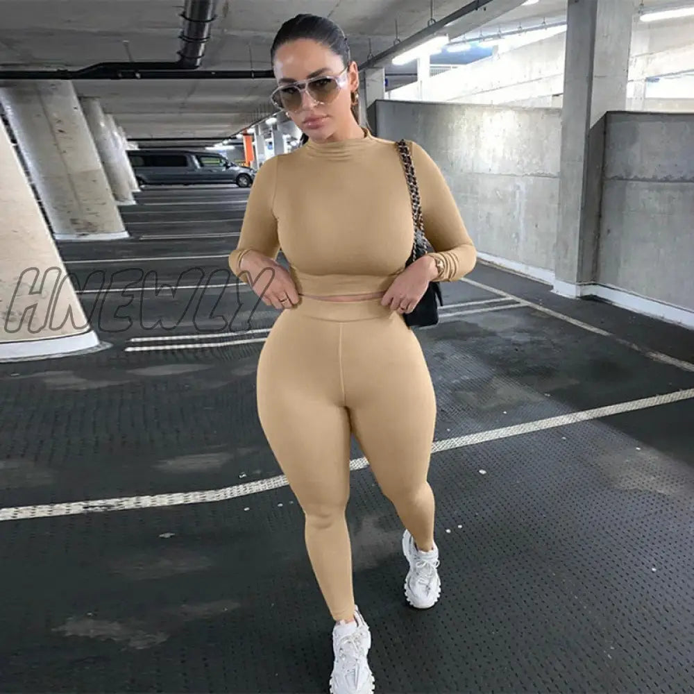 Hnewly Two Piece Sets Women Solid Autumn Tracksuits High Waist Stretchy Sportswear Hot Crop Tops