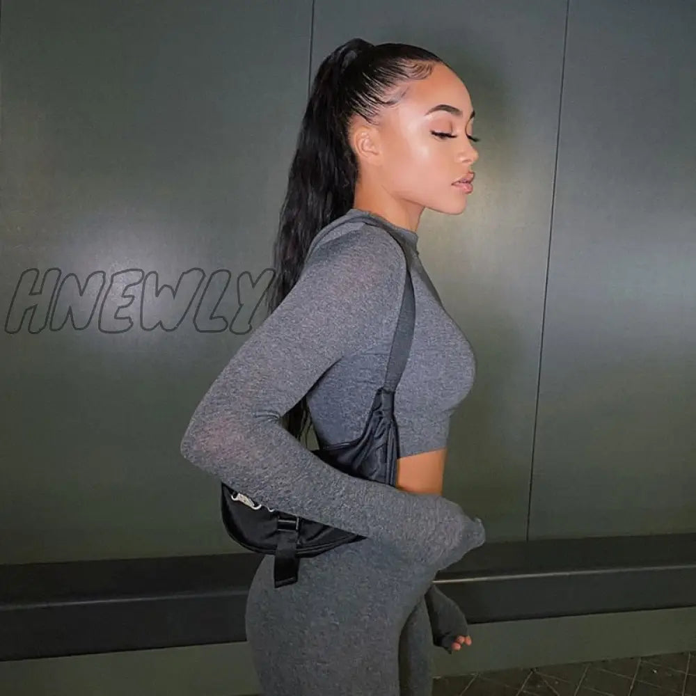 Hnewly Two Piece Sets Women Solid Autumn Tracksuits High Waist Stretchy Sportswear Hot Crop Tops
