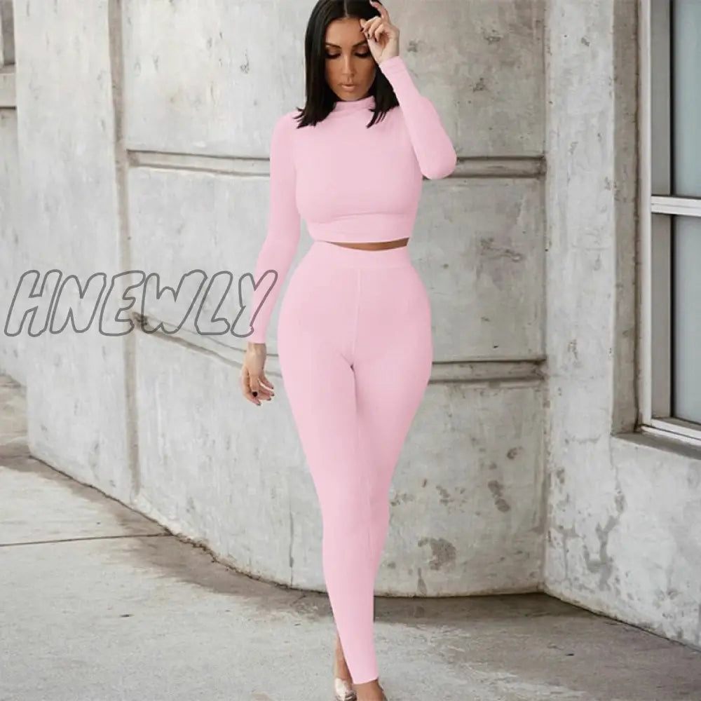 Hnewly Two Piece Sets Women Solid Autumn Tracksuits High Waist Stretchy Sportswear Hot Crop Tops